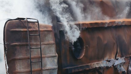 Fireman prepare equipment fighting extinguisher at fire engine truck. Firefighter fighting with...