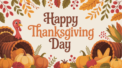 Happy Thanksgiving Day with Turkey, Pumpkins, Cornucopia, Autumn Leaves, and Berries Illustration