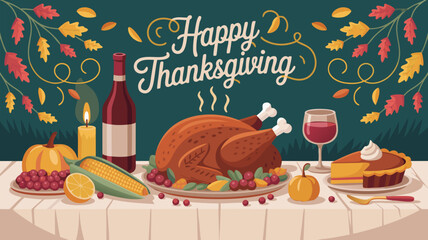 Happy Thanksgiving Dinner Illustration Turkey, Wine, Pie, and Autumn Leaves Festive Feast Decoration