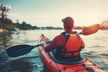 Man kayaking on calm river at sunrise wearing orange vest with sunlight reflecting on water surface