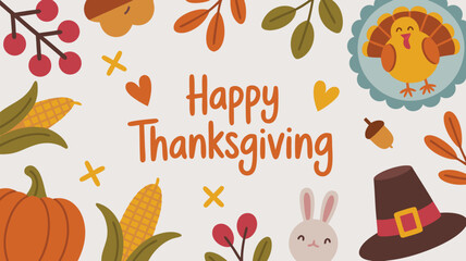 Happy Thanksgiving Illustration Featuring Turkey, Pumpkin, Corn, Bunny, Leaves, and Pilgrim Hat Icons