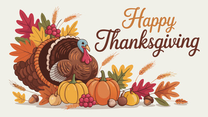 Happy Thanksgiving Illustration with Cartoon Turkey, Pumpkins, Autumn Leaves and Festive Decorations