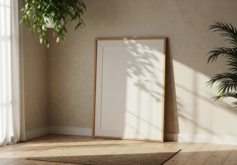 Photo of sunlit room corner featuring a blank frame mockup, complemented by lush plants and a neutral color palette, creating a serene and modern interior design