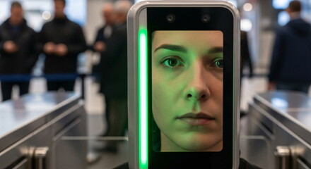 Woman uses face recognition scanner for identity check. Biometric security scan system for access control in public place. Digital technology footage.