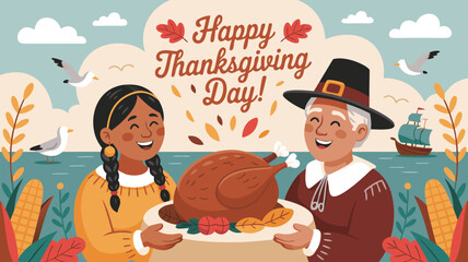 Illustrated Thanksgiving Pilgrim, Native American, Turkey, Ship, Seagulls, Happy Thanksgiving Day!