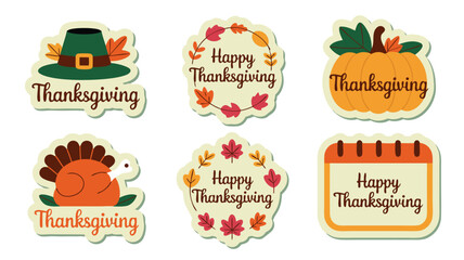 Illustration of Thanksgiving Stickers Featuring Hat, Turkey, Pumpkin, Leaves, and Calendar Date