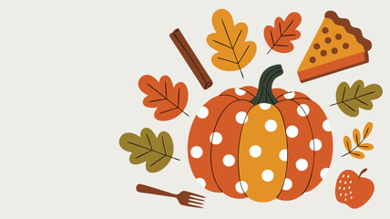 Illustration of Festive Fall Elements Pumpkin, Pie Slice, Leaves, Apple, Cinnamon Stick and Fork
