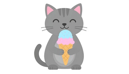 Cute Gray Cat Enjoying Ice Cream Cone