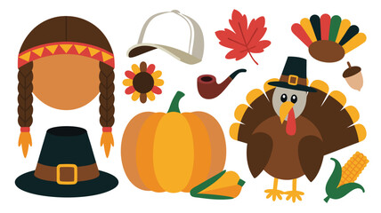 Thanksgiving Clipart Set Turkey, Pumpkin, Pilgrim Hat, Maple Leaf, and More Elements