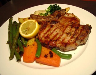 Grilled pork chop with roasted vegetables and lemon wedge