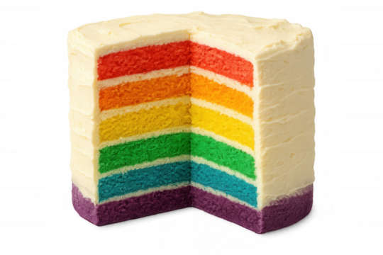 Colorful layered rainbow cake featuring bright, vivid tones, sitting on transparent background for festive dessert presentation