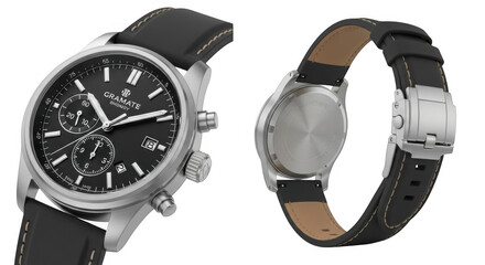 A detailed view of a classic silver and black chronograph wristwatch with a leather strap presented from two angles to showcase its front and back design elements