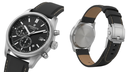 A detailed view of a classic silver and black chronograph wristwatch with a leather strap presented from two angles to showcase its front and back design elements