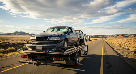 Blue broken car on tow truck is driving on a highway, roadside assistance service. Vehicle accident and towing concept, footage.