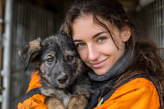 Female volunteer with homeless dog at animal shelteroutdoors