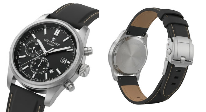 A detailed view of a classic silver and black chronograph wristwatch with a leather strap presented from two angles to showcase its front and back design elements