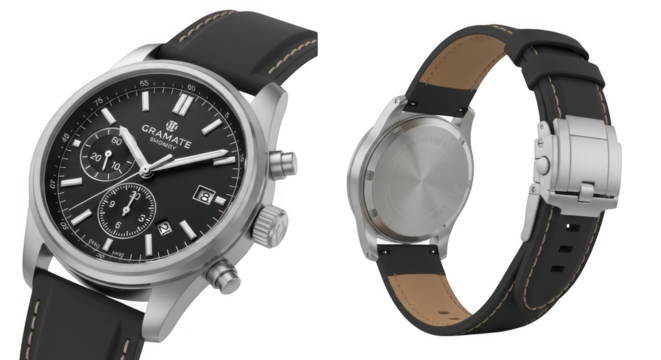 A detailed view of a classic silver and black chronograph wristwatch with a leather strap presented from two angles to showcase its front and back design elements