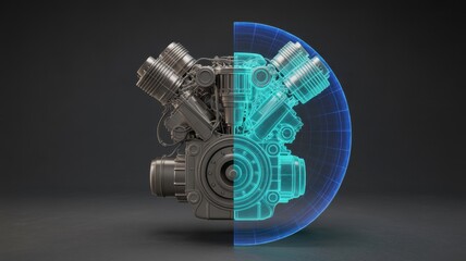 Ai generated image of split view of a v8 engine, half is a realistic 3d model and the other half is a blue wireframe hologram with a glowing grid