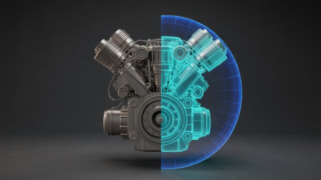Ai generated image of split view of a v8 engine, half is a realistic 3d model and the other half is a blue wireframe hologram with a glowing grid