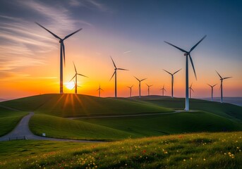 Rows of wind turbines on green hills at sunset, a symbol of renewable energy