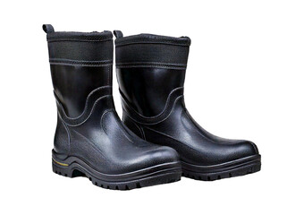 Dirty black rubber boots after outdoor work isolated on transparent or white background