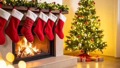 Festive Christmas Scene: Stockings Hung by the Fireplace, Christmas Tree Aglow, Cozy Holiday Fireplace Setting with Christmas Tree and Decorated Stockings