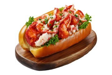 Lobster roll sandwich with lobster meat, lettuce and herbs in buttered bun on wooden plate, isolated on white transparent background. Concept of gourmet seafood cuisine meal