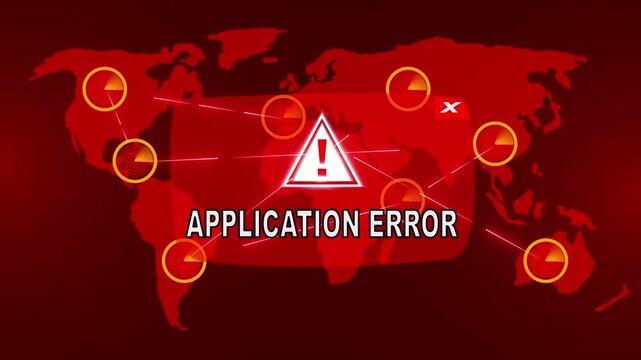 APPLICATION ERROR Alert Warning Message Attack on Screen. Wire Frame World map Radar Network Glitch Distortion. Cyber Crime Attack Computer Error Distortion Message. malware, crime, spying, detected.