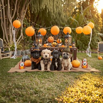 Four playful puppies in Halloween costumes.