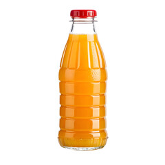 A clear glass bottle filled with bright orange juice and a red cap isolated on transparent background