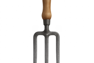 Hand cultivator tool with wooden handle on transparent background