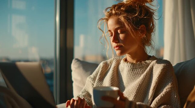 Woman enjoying coffee while working on laptop.