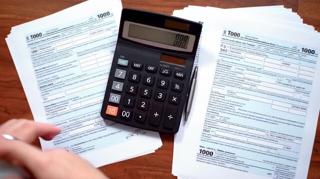 Hands using a calculator to complete tax forms on a wooden table, with paperwork scattered around