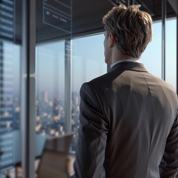 Businessman observing futuristic city view. future of AI technology, AI innovation for future, exploring the future of AI