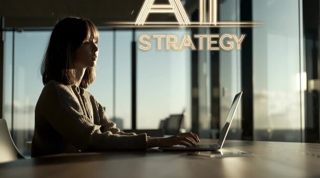 Focused woman working on AI strategy laptop.