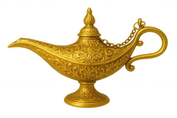 Golden ornate oil lamp gleaming against transparent backdrop, symbolizing mystical potential and latent wishes