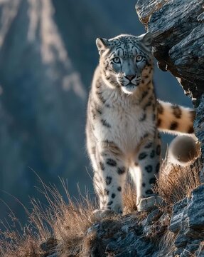Majestic snow leopard resting on rocky terrain.