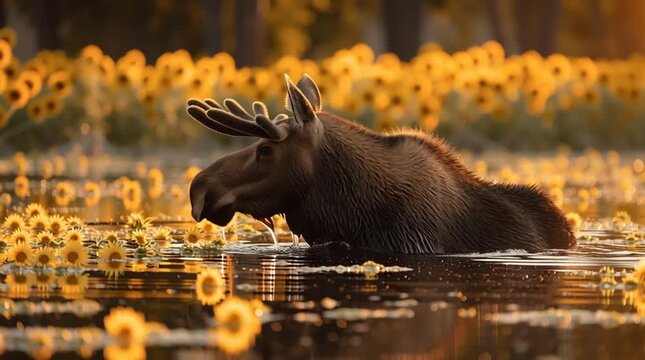 Moose in sunflower field at sunset.