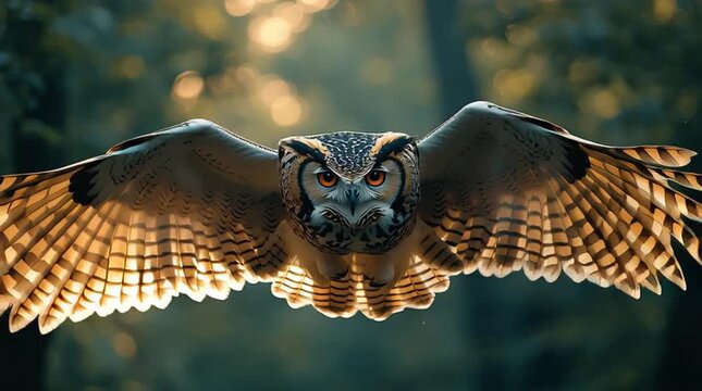 Majestic owl soaring through a serene forest.