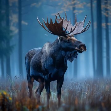 Majestic moose standing in a misty forest.