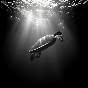 Turtle swimming in peaceful underwater sunlight.
