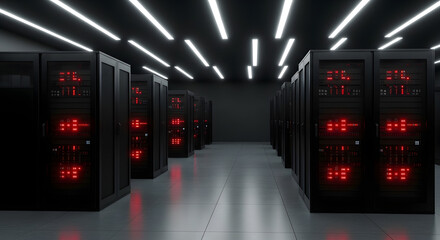 Modern Data Center Server Room with Glowing Red Lights, Network Infrastructure and Cloud Computing Technology