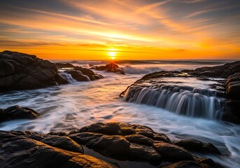 Obraz premium Photo of dramatic sunset over the rocky coast with cascading water creating a serene and picturesque seascape, showcasing the beauty of natures elements