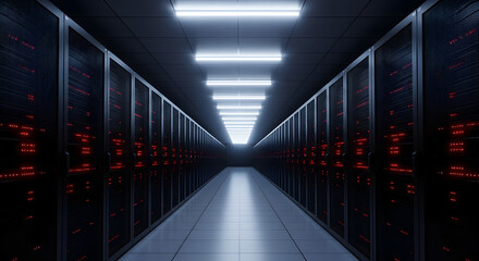Long Corridor of Server Racks in a Modern Data Center with Blinking Lights, Information Technology Infrastructure