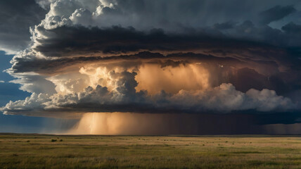 Dramatic cloud burst over a vast open landscape with heavy rain shafts cascading from dark thunderclouds, rays of sunlight breaking through in the distance, highly detailed, ultra-realistic