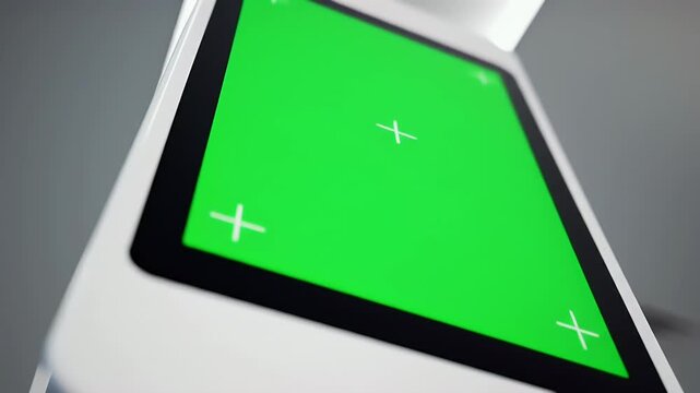 Modern tablet with green screen display and tracking markers. Digital device mockup for content, app, or website.
