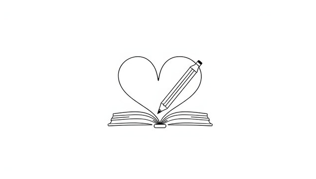 Minimalist Line Art Book and Pencil. Elegant continuous line drawing of a book and pencil forming a heart shape, symbolizing love for reading and education.