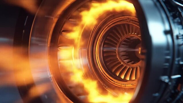 Close-up view of a jet engine turbine showcasing intense flames and intricate mechanical details, highlighting the power and technology of aviation in a dynamic setting