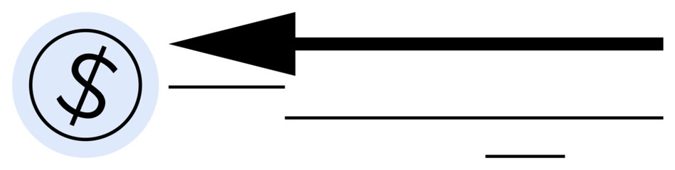 Dollar sign inside circle with left-pointing arrow, emphasizing movement or transfer. Ideal for finance, investment, banking, business growth, payment, economy wealth. Simple flat metaphor
