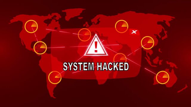 SYSTEM HACKED Alert Warning Message Attack on Screen. Wire Frame World map Radar Network Glitch Distortion. Login, Password and Progress Bar Futuristic UI Elements HUD. System hacked alert concept.